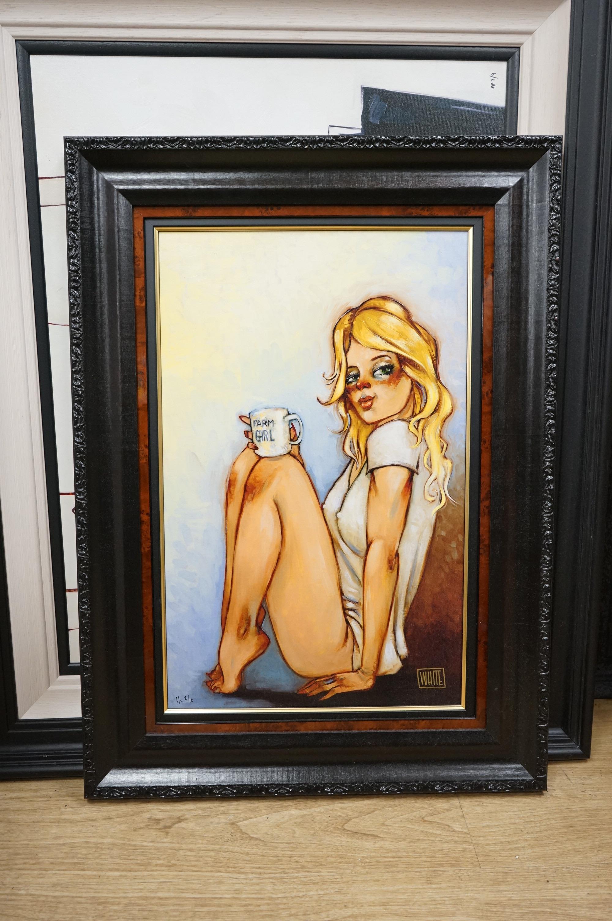 Todd White (b.1969), contemporary embellished canvas on board, ‘Farm girl’ limited edition of 100, COA verso, 62 x 40cm
